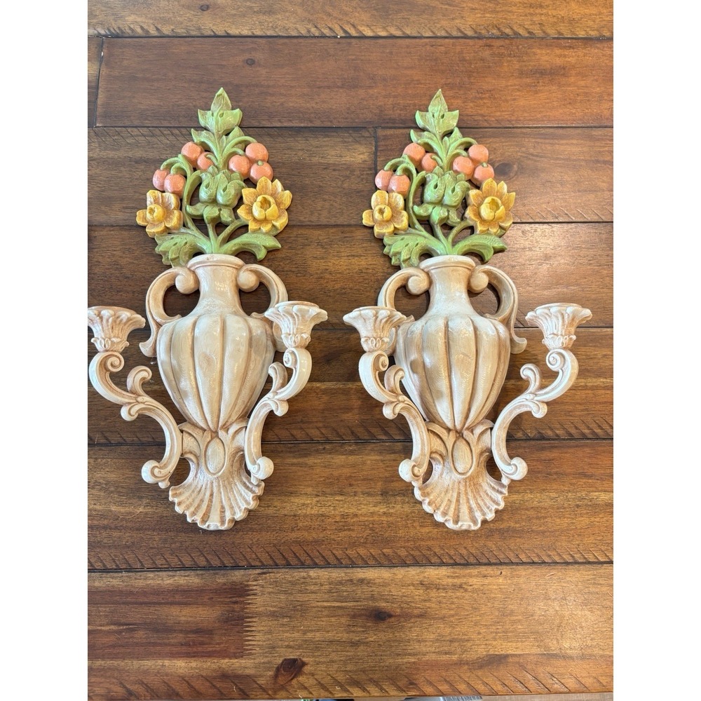 Vintage Homco Burwood Floral Sconce Candle Holders Pair Syroco Style USA 4104